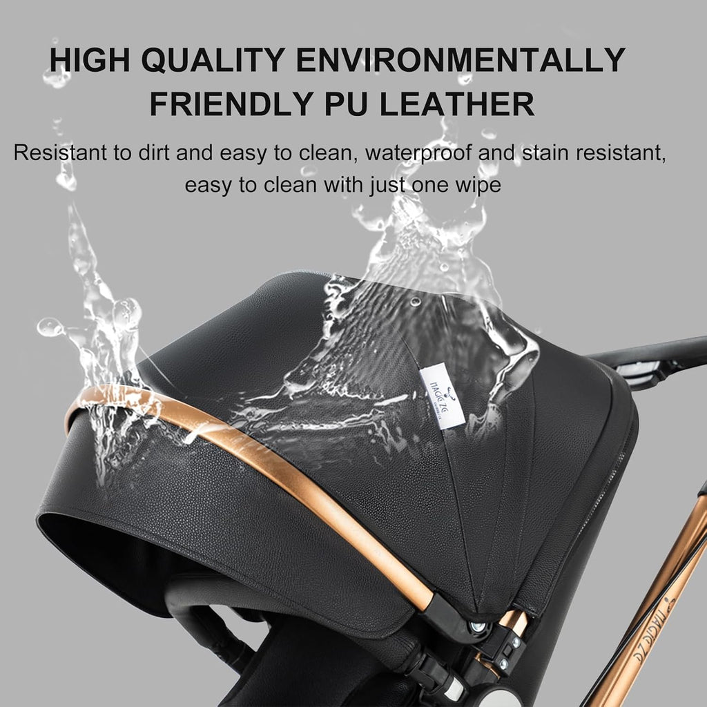 360° Rotatable PU Leather 2 in 1 Convertible Baby Stroller Mode, Infant Stroller One-Click Folding, Toddler Newborn Travel Standard Carriage Pram (HR002-Black)