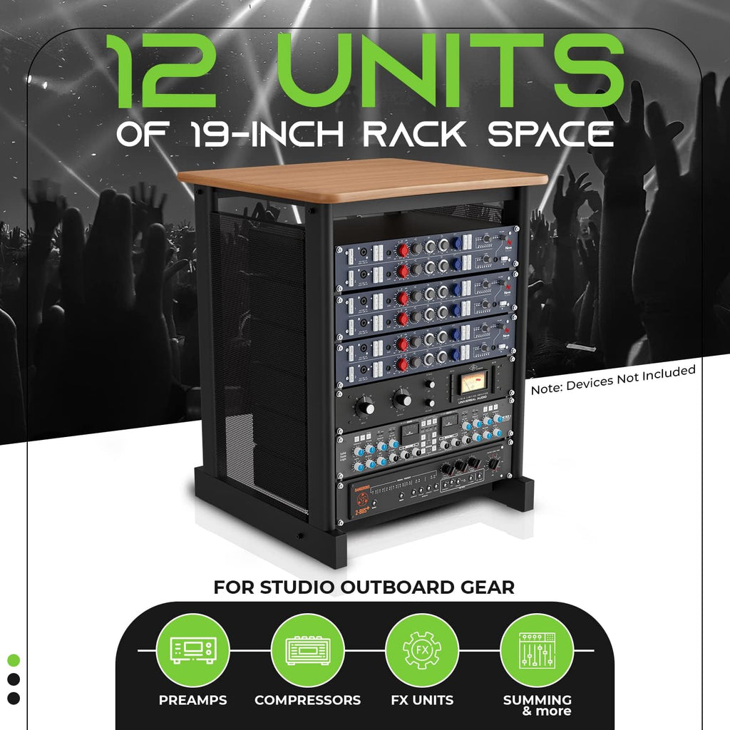 GEARit 12U Audio Rack With Flat Top for 19' Studio Gear, AV Equipment, Server Racks and More - Metal Construction, Oak Desktop Finish