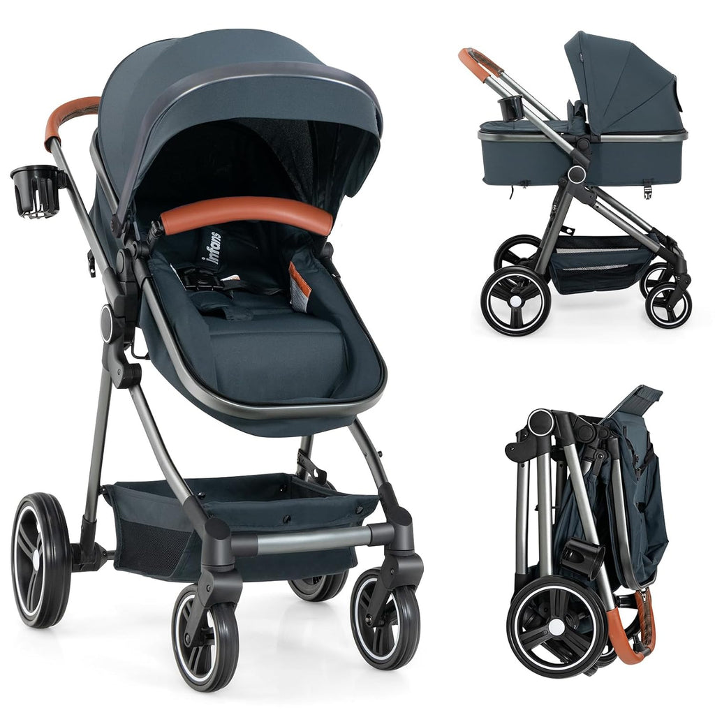 INFANS 2 in 1 Baby Stroller, Newborn Convertible Stroller Bassinet for Infant, Foldable High Landscape Shock Absorption with Reversible Seat, Aluminum Structure for Toddler Pushchair 0-36 Month