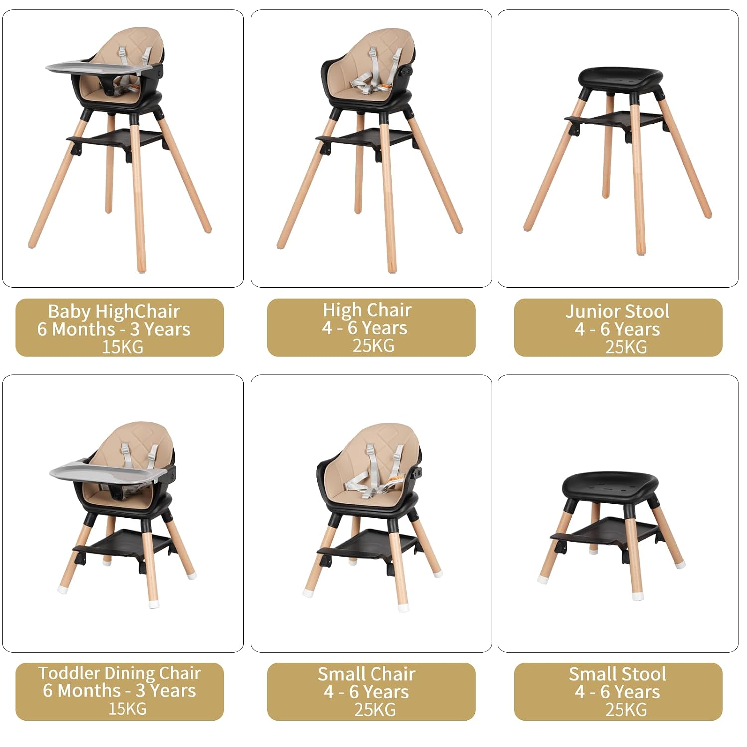 6 in 1 Baby High Chair, Convertible Wooden High Chairs/Booster Seat for Babies and Toddlers, Baby Feeding Chair with 5-Point Harness/Double Removable Tray & Adjustable Footrest (Black)