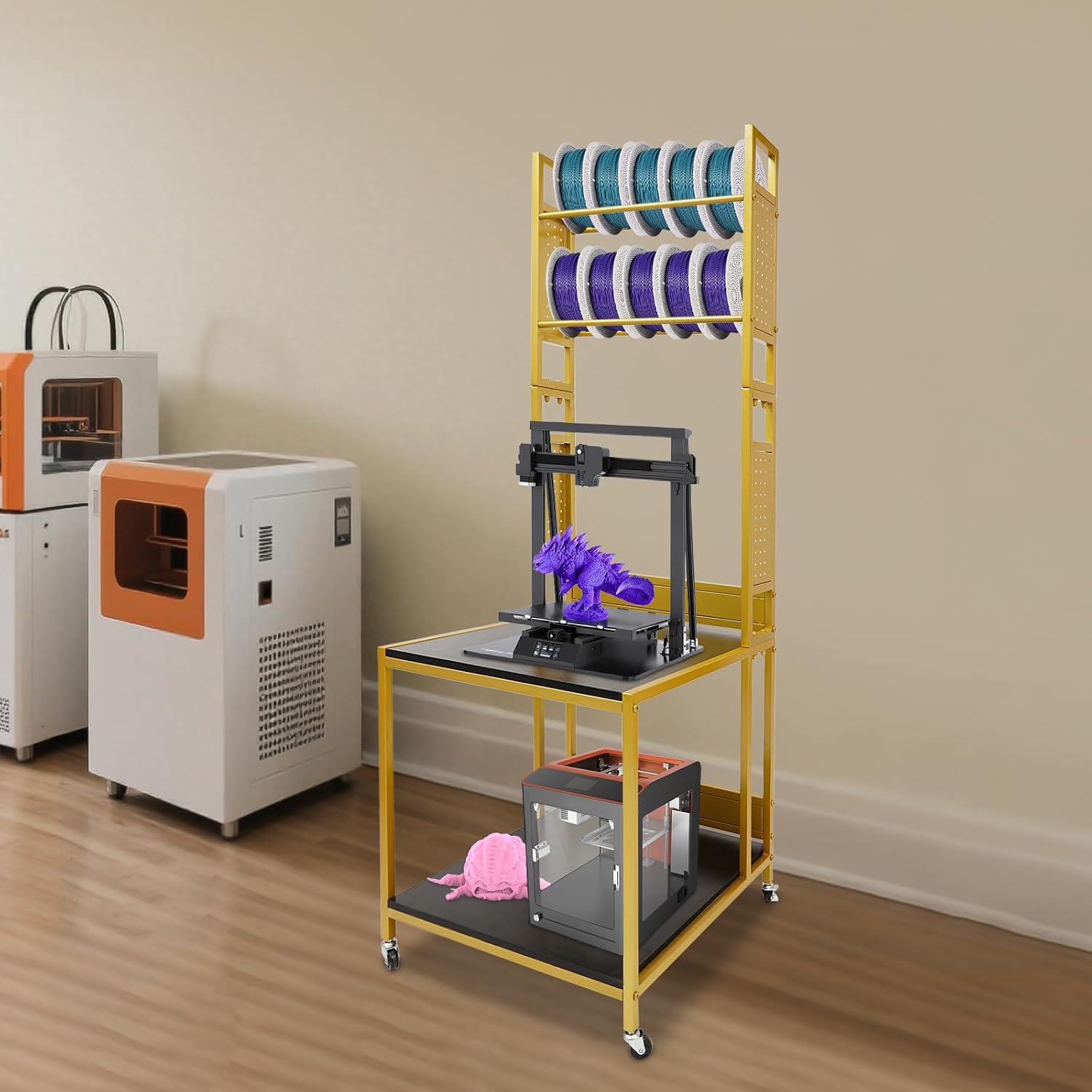 3D Printer Stand with Double Layer Printer Filament Storage Rack, Heavy Duty Mobile Table with 4 Wheels for Workshop Studio Office (Gold)