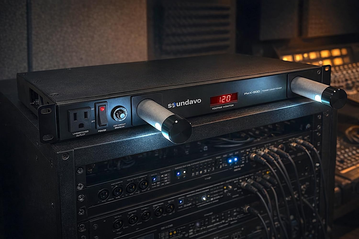 PMX-900 Rack-mount 1U Power Conditioner/Surge Protection - Noise Filtering with 2 Front-panel Pull-out LED Lights & LED Voltage Monitor Display (No Sequencer Function)