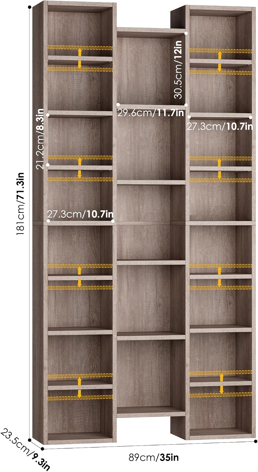 FOTOSOK 71'' Tall Bookshelf with 21 Cubes, 8 Tier Triple Wide Bookshelf with 8 Adjustable Shelves, 35' Large Bookcase DVD/CD Media Tower Storage, Freestanding Display Shelf Cabinet, Oak