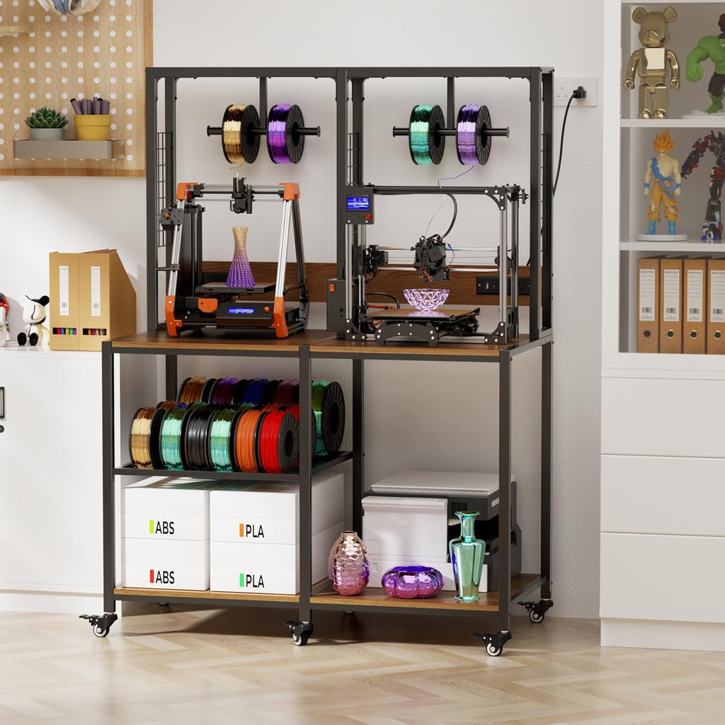 Dual 3D Printer Stand with Filament Storage Workstation, Heavy Duty Mobile 3D Printer Table Workbench, T-Shaped Spools Holder Rack, 3D Printer Workbench for Home & 3D Printing Studio