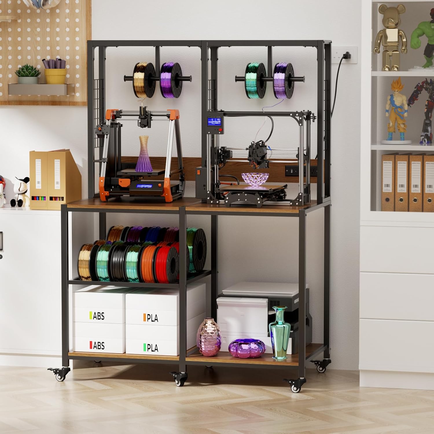 Dual 3D Printer Stand with Filament Storage Workstation, Heavy Duty Mobile 3D Printer Table Workbench, T-Shaped Spools Holder Rack, 3D Printer Workbench for Home & 3D Printing Studio