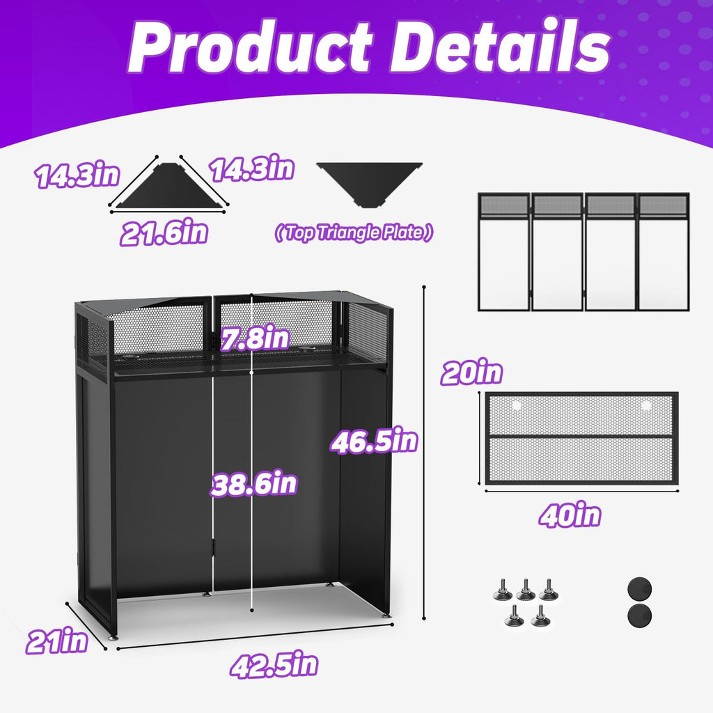 YooKoo Foldable DJ Booth with Two Top Trays, Tool-Free Assembly, DJ Table with White & Black Scrims, Metal Frame DJ Facade, DJ Stand with Cable Hole and Carry Bag, for Parties & Events & Small Studios