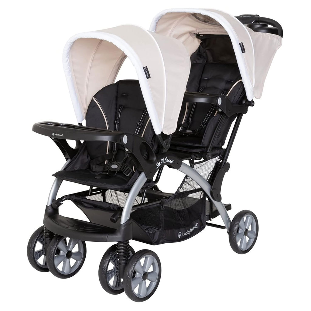 Baby Trend Double Infant and Toddler Stroller w/ Harness and Basket, Sit N' Stand, Khaki