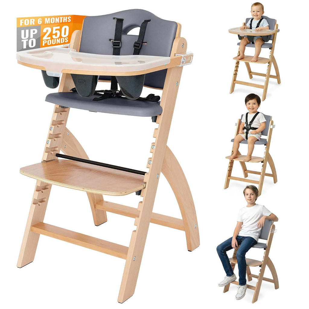 Abiie Beyond Junior Wooden High Chair for Babies and Toddlers - Convertible 3-in-1 Baby Highchair with Removable Tray - 6 Months to 250 Lb - Water Resistant - Natural Wood with Dark Grey Cushion