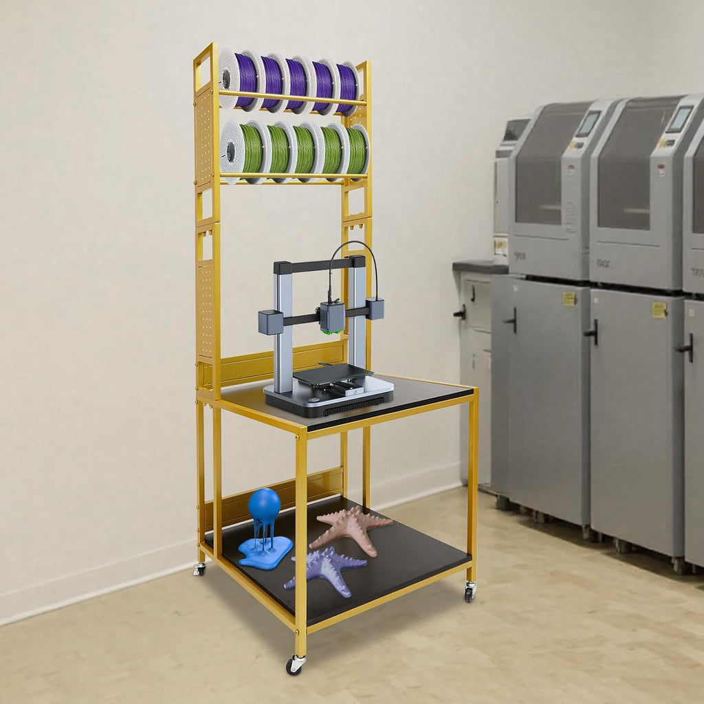 3D Printer Stand with Double Layer Printer Filament Storage Rack, Heavy Duty Mobile Table with 4 Wheels for Workshop Studio Office (Gold)