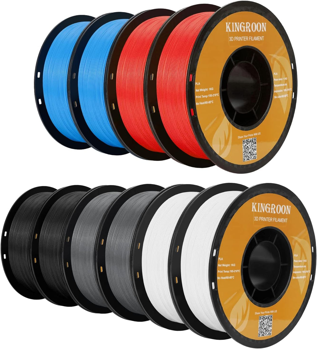 Kingroon PLA 3D Printer Filament, 10 Rolls, Dimensional Accuracy +/- 0.02 mm, 10kg Spool(22lbs), 1.75 mm，2Black+2White+2Grey+2Red+2Blue