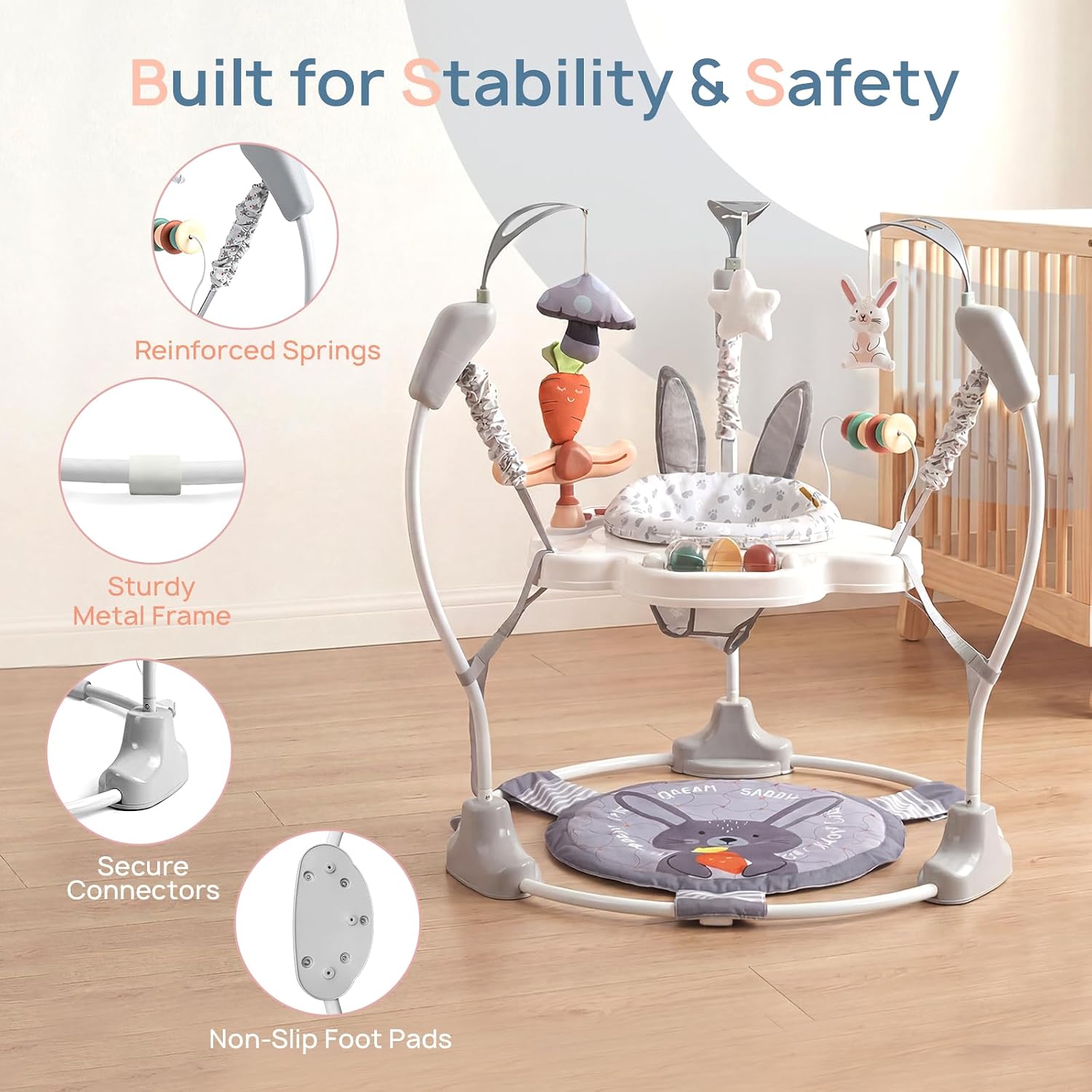 Baby Activity Center, Baby Jumper Activity Center with Music, Interactive Toys, 360° Rotating Seat, 3 Adjustable Heights, Infant Activity Jumper for 6+ Months (Rabbit)