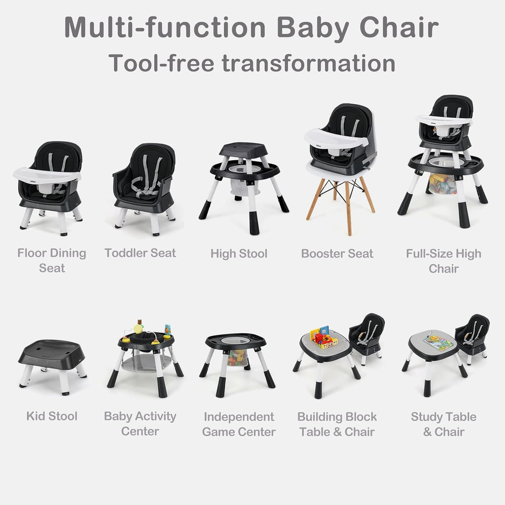 INFANS 9 in 1 High Chair, Convertible Baby Highchair for Babies and Toddlers, Table and Chair Set Building Block Infant Dining Booster Seat, Kids Stool with Activity Children Play Kitchen (Black)