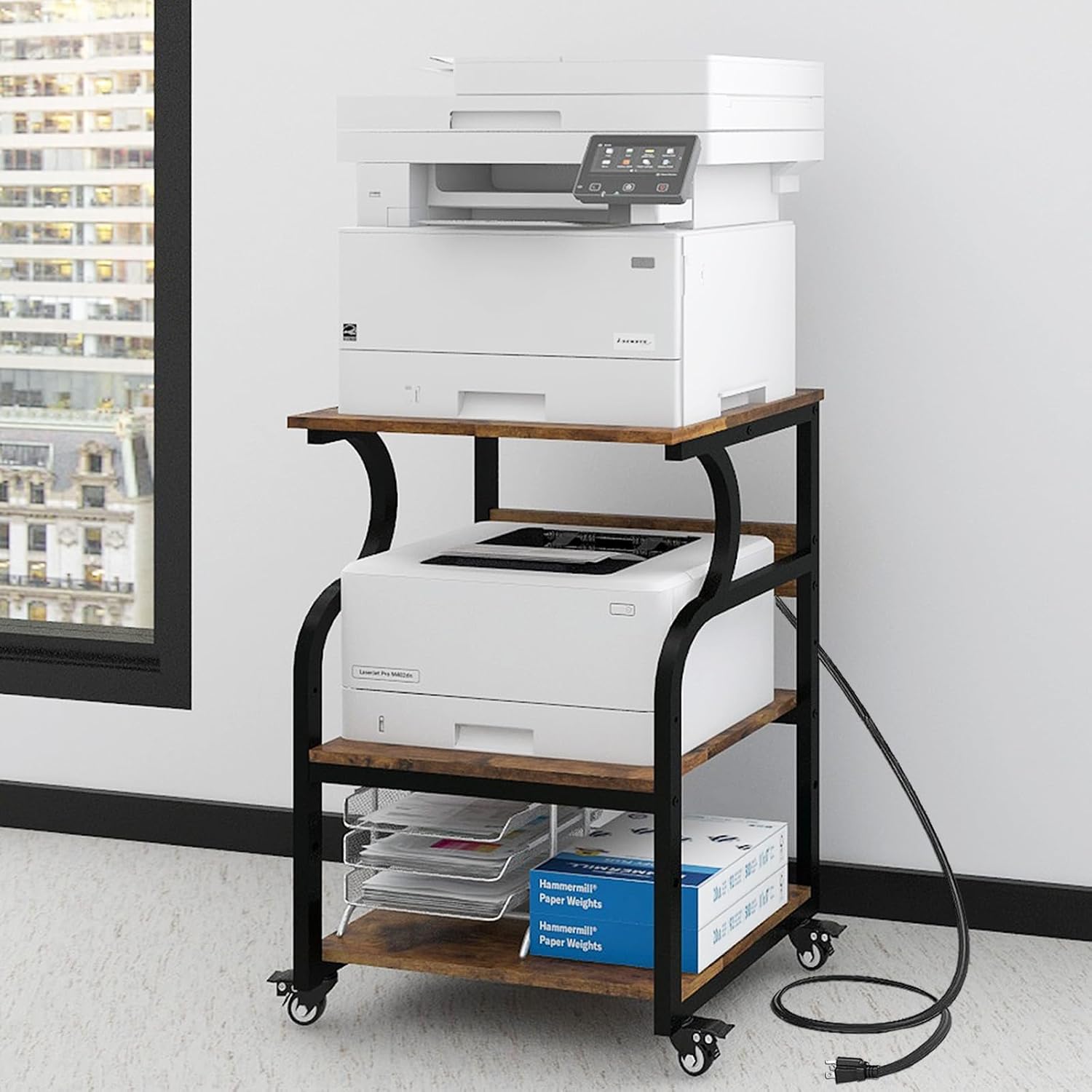Natwind Large 3-Tier Rolling Printer Cart with Adjustable Shelf, 24'x20' Mobile Stand for Heat Press, 3D Printer, Home Office Multifunctional Shelves with Locking Wheels (Retro)