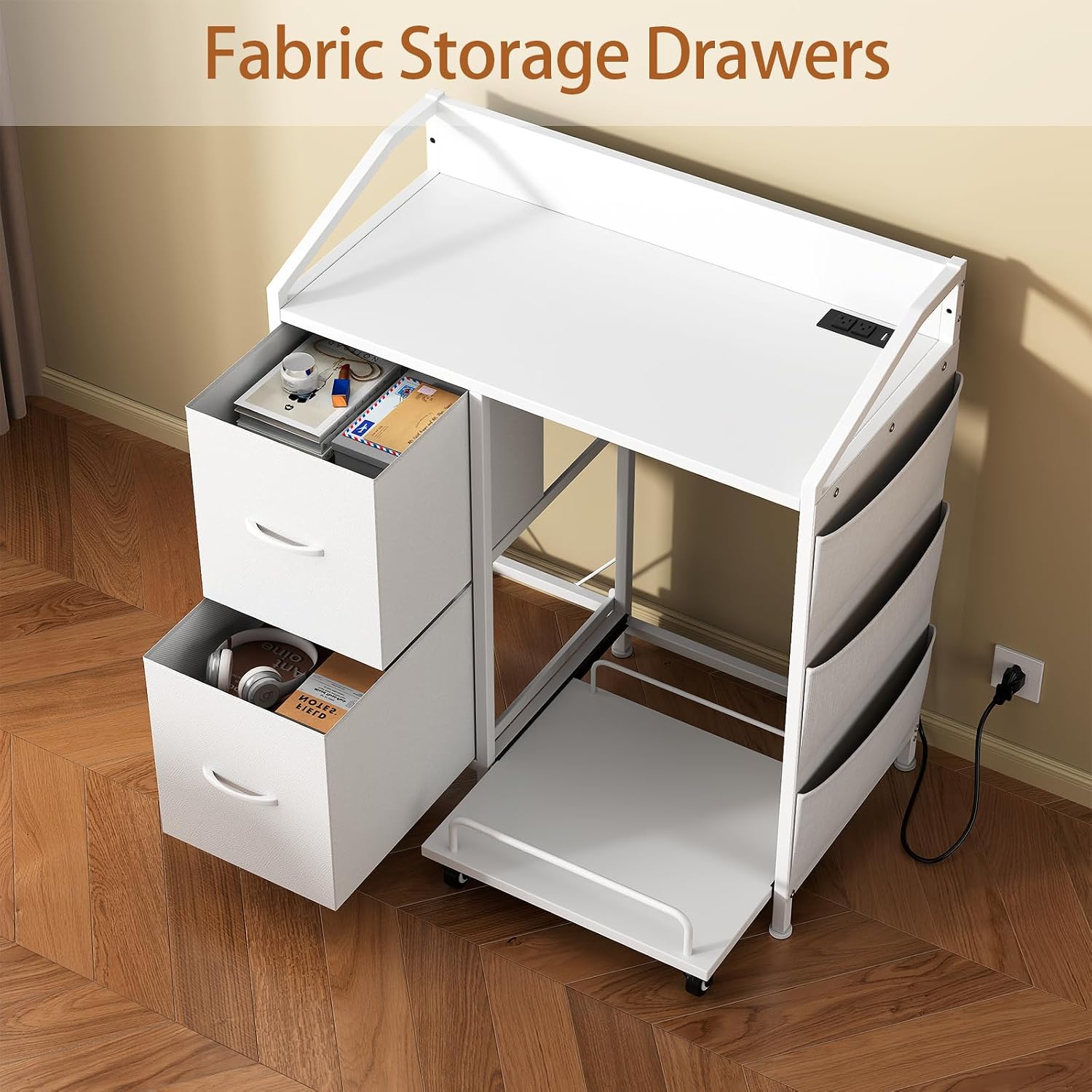 Printer Stand with Storage, Lateral Office Filing Cabinets with Power outlets & USB Charging Port, File Cabinet with Large Printer Stands for Home Office, Shredder Stand Rack (White)