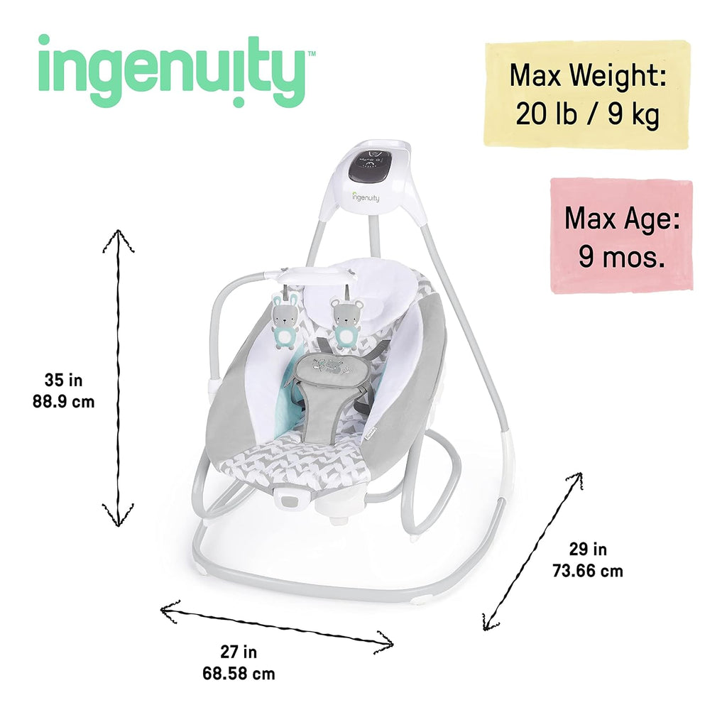 Ingenuity 2-in-1 SimpleComfort Lightweight Compact 6-Speed Multi-Direction Baby Swing & Rocker, Vibrations & Nature Sounds, 0-9 Months 6-20 lbs (Raylan)