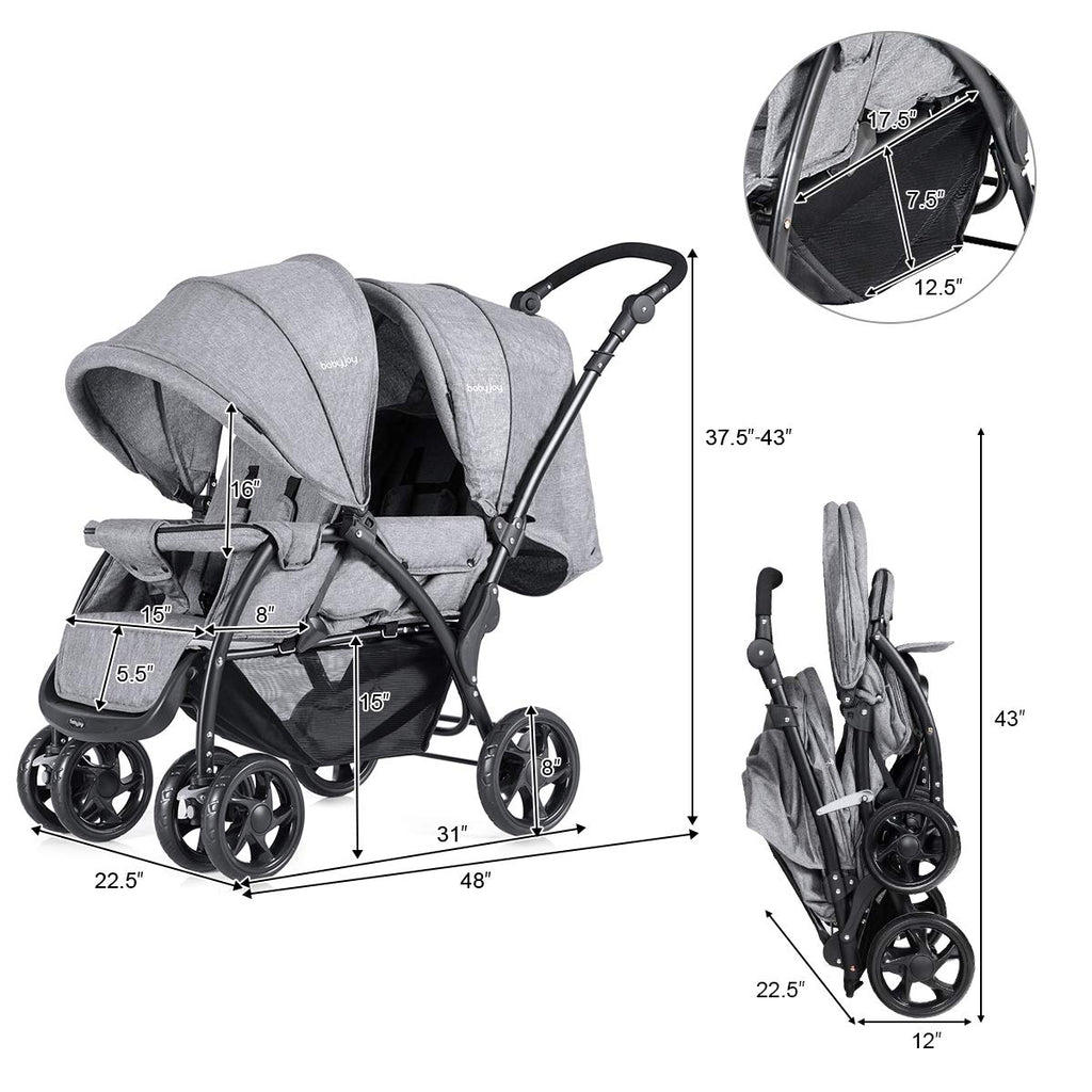 BABY JOY Double Stroller, Foldable Lightweight Twin Stroller with Tandem Seating, Adjustable Backrest/Canopy/Footrest, 5-Point Harness, Storage Basket, Newborn and Toddler (Gray)