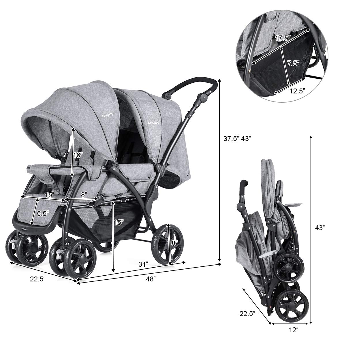 BABY JOY Double Stroller, Foldable Lightweight Twin Stroller with Tandem Seating, Adjustable Backrest/Canopy/Footrest, 5-Point Harness, Storage Basket, Newborn and Toddler (Gray)