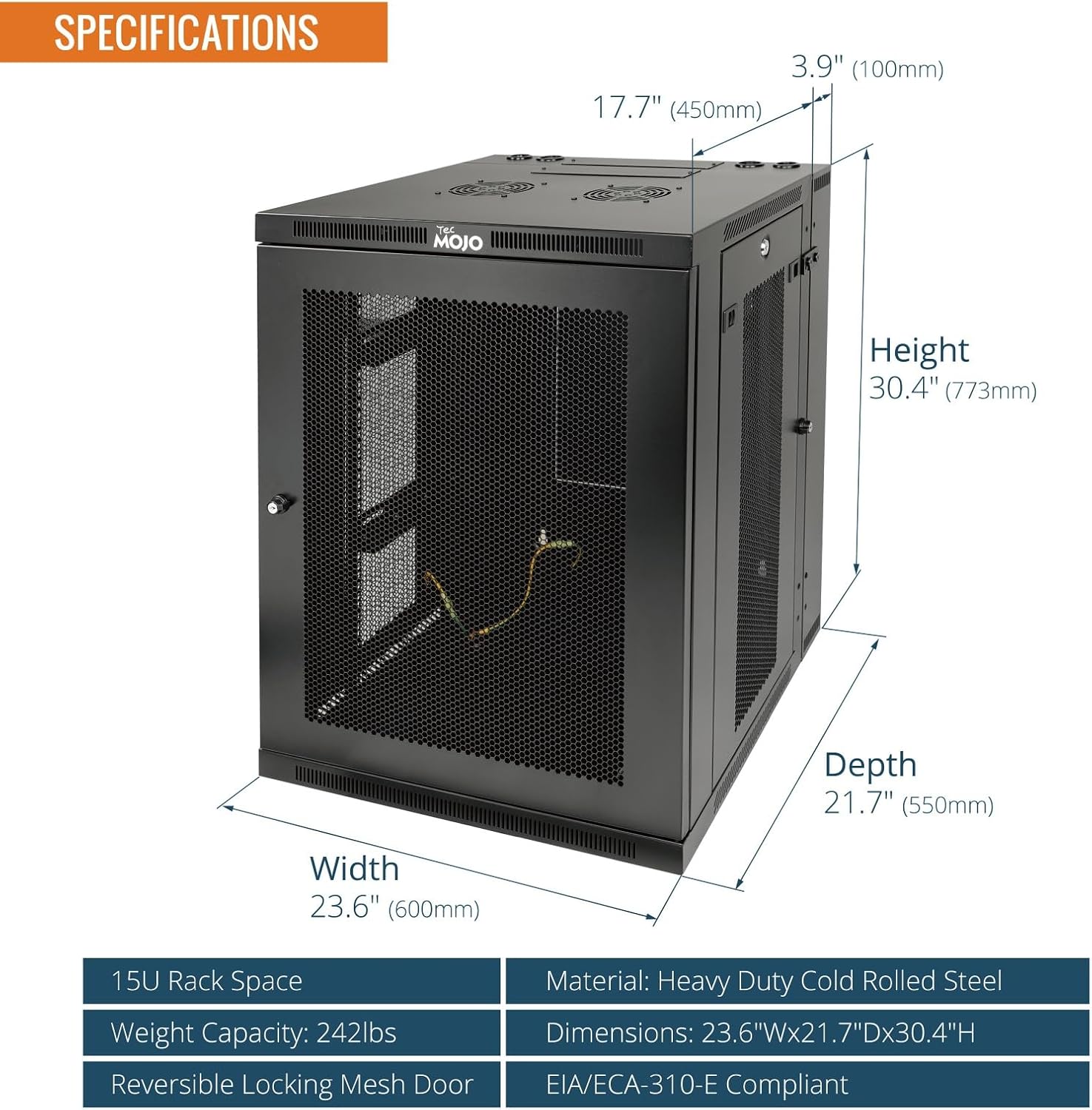 Tecmojo Fully Welded Server Cabinet, 15U Wall Mount Rack, 21.7inch Depth Network Rack, Mesh Door, Swing Out, Load Bearing 242lbs (110 kg), Network Cabinet for 19in Computer/AV/Data/IT Equipment