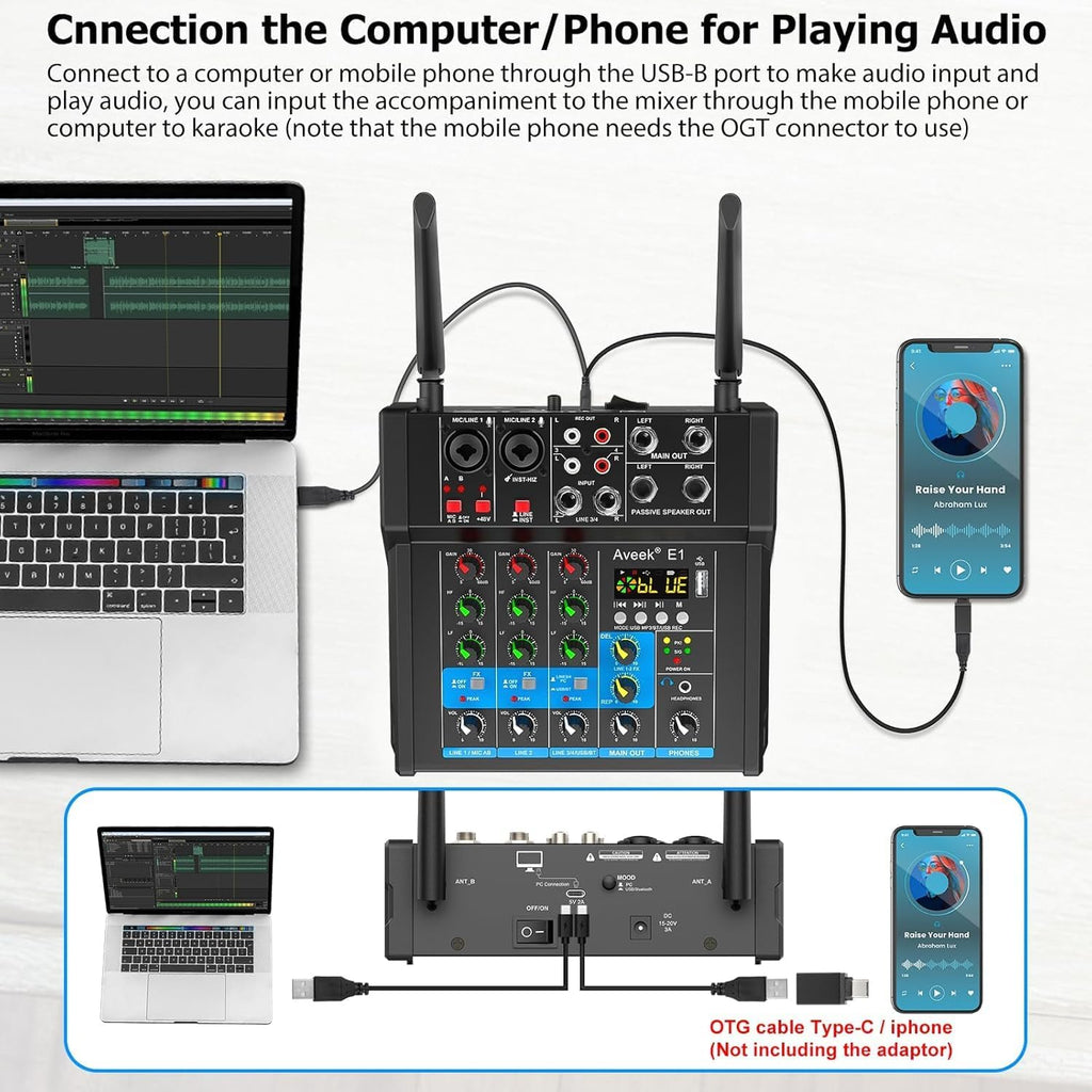 Aveek 150W x2 Powered Amplifier Audio Mixer,4 Channel with Dual Wireless Mic Sound Board Console MP3 Digital USB Bluetooth Computer Input 48V Phantom Power Stereo DJ Mixing for Karaoke Party