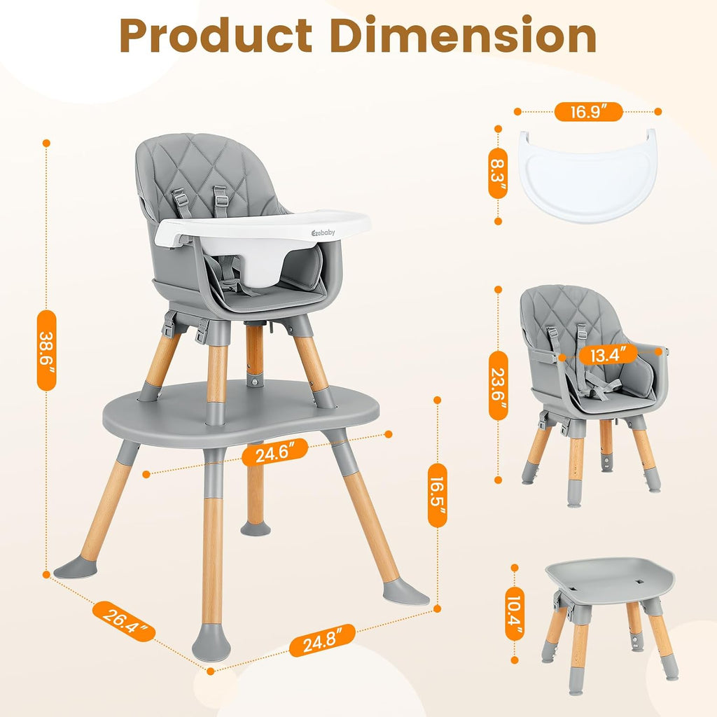 Ezebaby 8-in-1 Baby High Chair, Convertible High Chair for Babies and Toddlers/Booster Seat/Toddler Chair/Table & Chair Set/Kids Stool, Wood Highchair with Removable Tray, Seatbelt, PU Cushion (Gray)