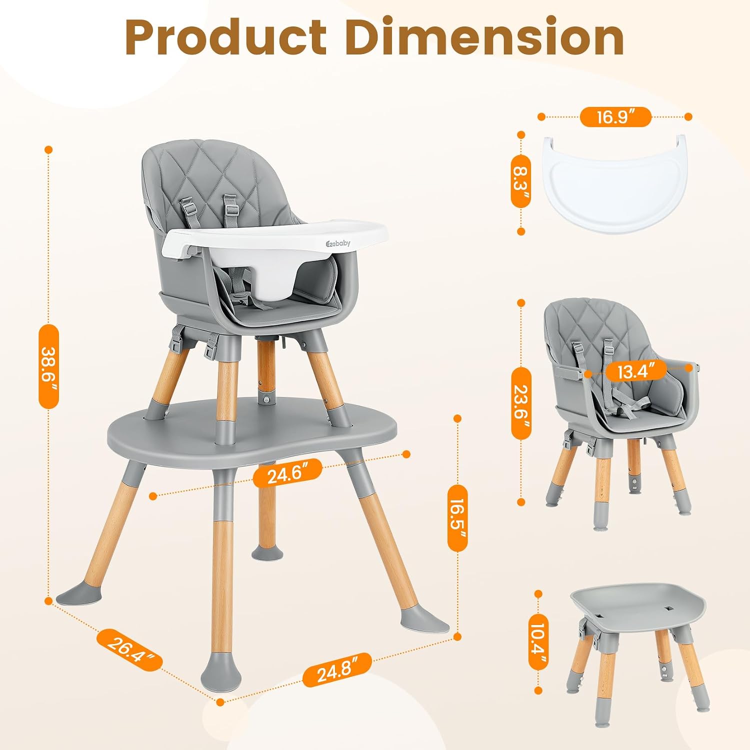 Ezebaby 8-in-1 Baby High Chair, Convertible High Chair for Babies and Toddlers/Booster Seat/Toddler Chair/Table & Chair Set/Kids Stool, Wood Highchair with Removable Tray, Seatbelt, PU Cushion (Gray)