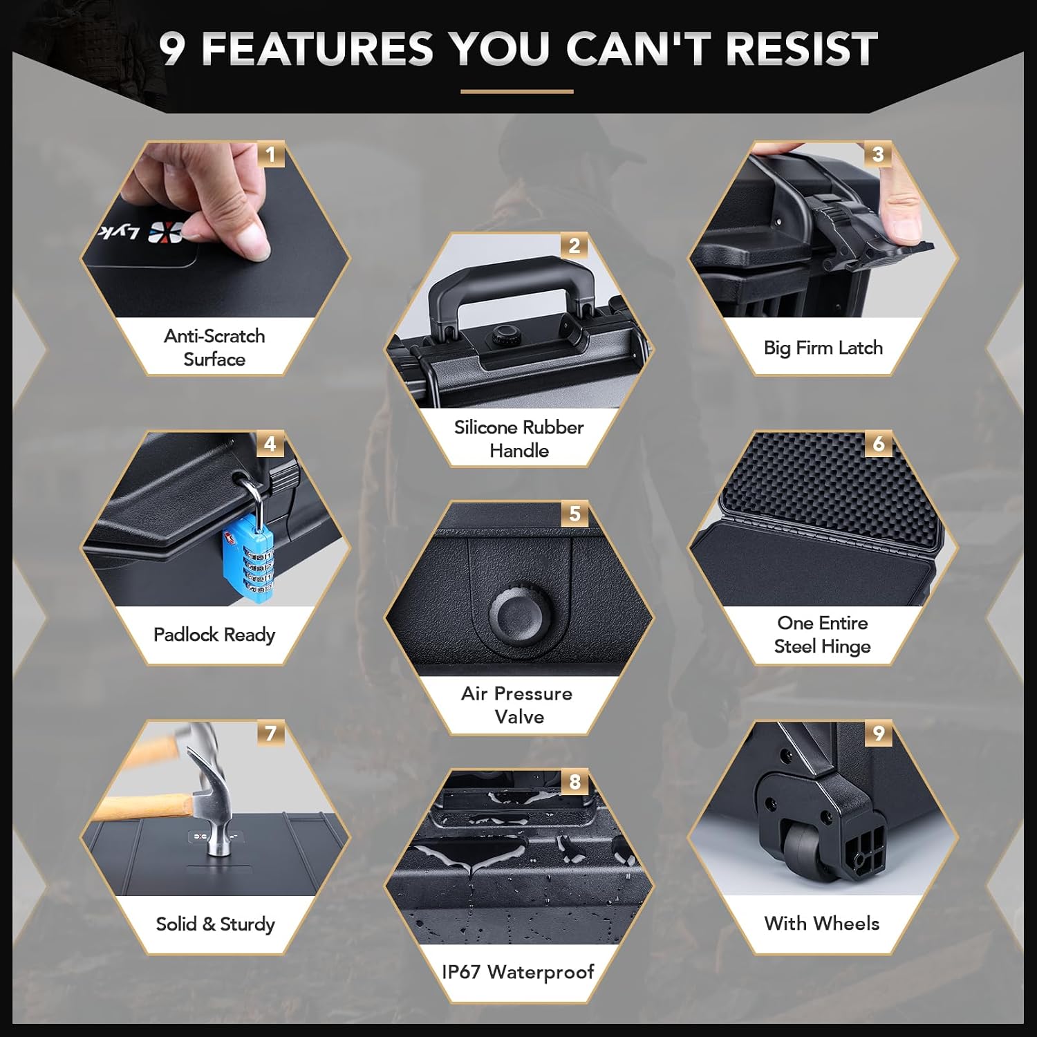 Lykus HC-5220 Waterproof Hard Case with Wheels and Customizable Foam, Interior Size 20.5x14.2x9.7 inch, Suitable for camera, lens, drone, mic, flashlight, projector, electronics, tools, and more