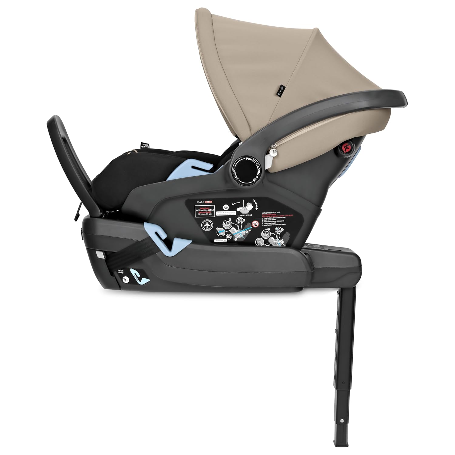Peg Perego Primo Viaggio Lounge - Reclining Rear Facing Infant Car Seat - Includes Base with Load Leg & Anti-Rebound Bar - for Babies 4 to 30 lbs - Made in Italy - Vanilla Blend (Black & Cream)