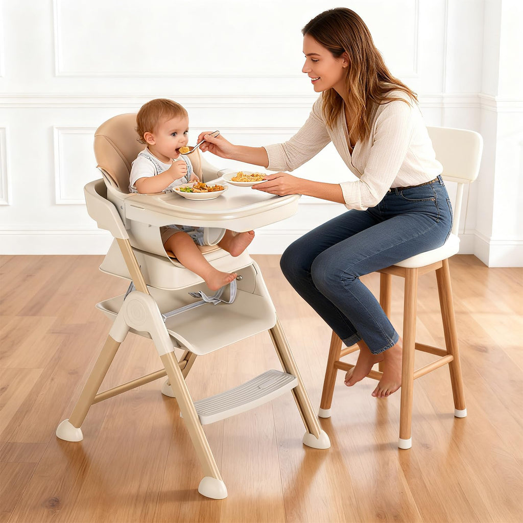 6-in-1 High Chair for Babies and Toddlers, 2026 New Aluminum Alloy Folding Toddler Step Stool with 4-Position Height, Detachable Double-Layer Tray, 6 Growing Stages from Infant to Toddler Seating