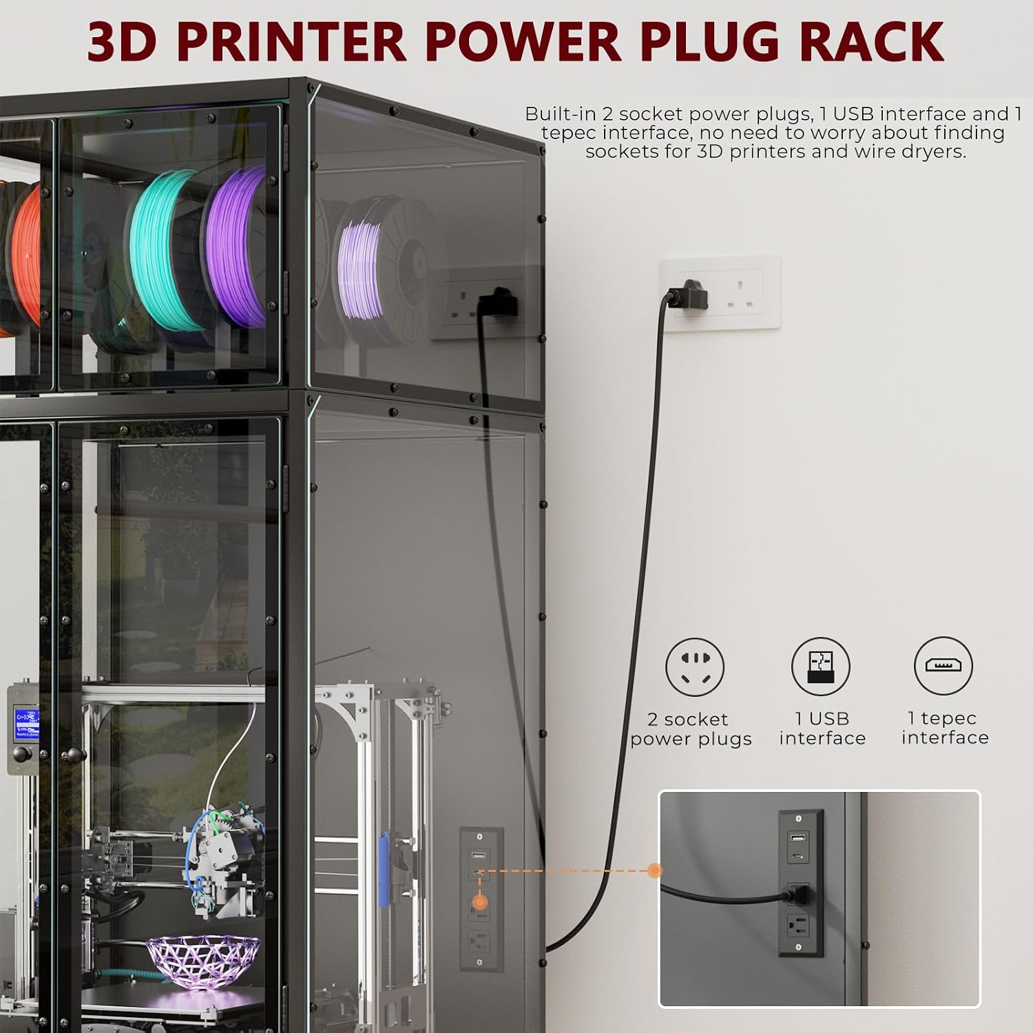 Majnesvon 3D Printer Cabinet, Double Layer 3D Printer Stand Filament Storage Rack with T Shaped Bar, Noise Reducing & Dust Proof Enclosure for Home, Studio and Office