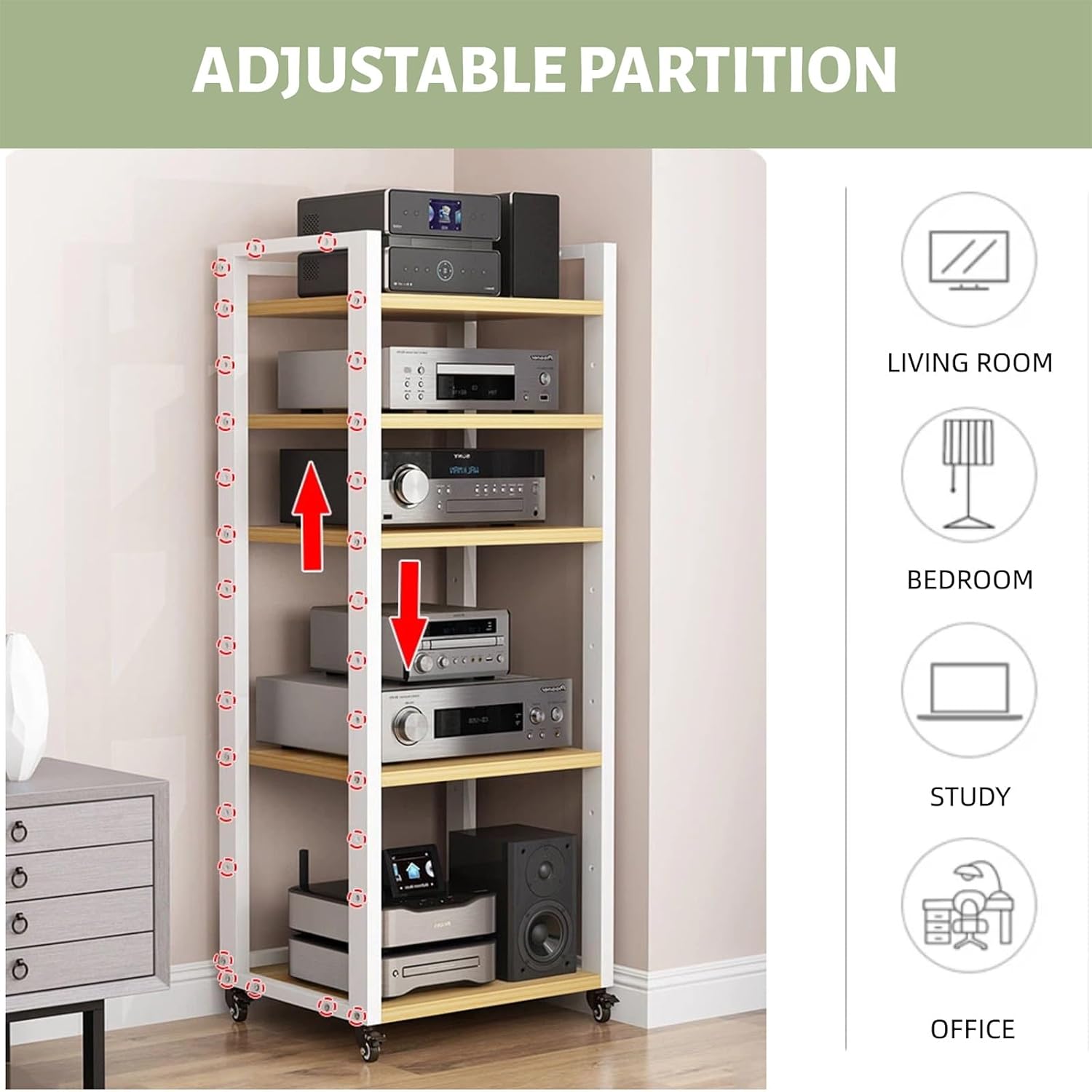 7-Tier Av Media Stand, Audio Rack with Adjustable Shelves, Stereo Racks and Stands with Wheels, Stereo Rack for Home, Office, Theater(C)