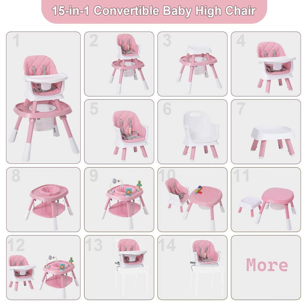 Babyliebe 15-in-1 Baby High Chair, Convertible Highchair for Babies and Toddlers with Activity Center, Booster Seat, Building Block Table, Toddler Chair with Safety Harness, Removable Tray (Pink)