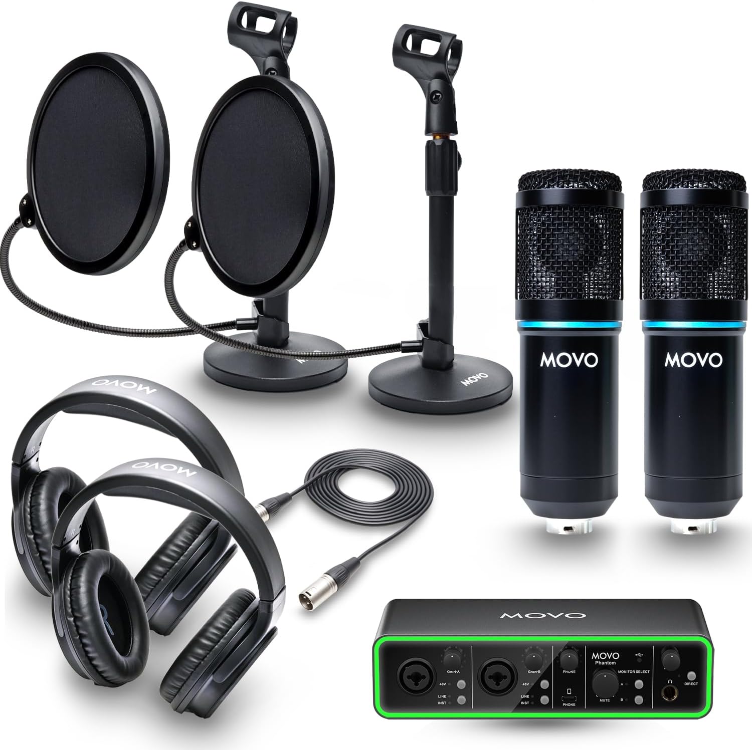 Movo PodPak2T 2-Pack Universal Condenser Microphone Kit with Phantom 2x2 Audio Interface, Desktop Mic Stand, and Studio Headphones- Podcast Equipment Bundle for YouTube, Podcast, Streaming, Musicians