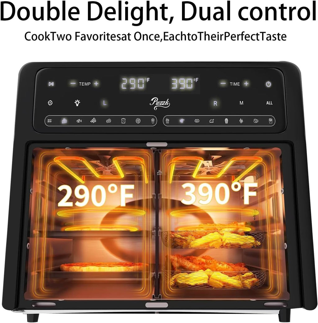 25.4QT Dual Zone Air Fryer Toaster Oven Combo, French Glass Door, XL Capacity, 100-430°F Temperature Range, 16 Preset Functions, LED Display, Dual Fan, 360° Heat Circulation
