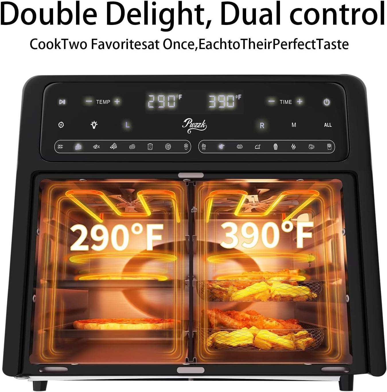 25.4QT Dual Zone Air Fryer Toaster Oven Combo, French Glass Door, XL Capacity, 100-430°F Temperature Range, 16 Preset Functions, LED Display, Dual Fan, 360° Heat Circulation