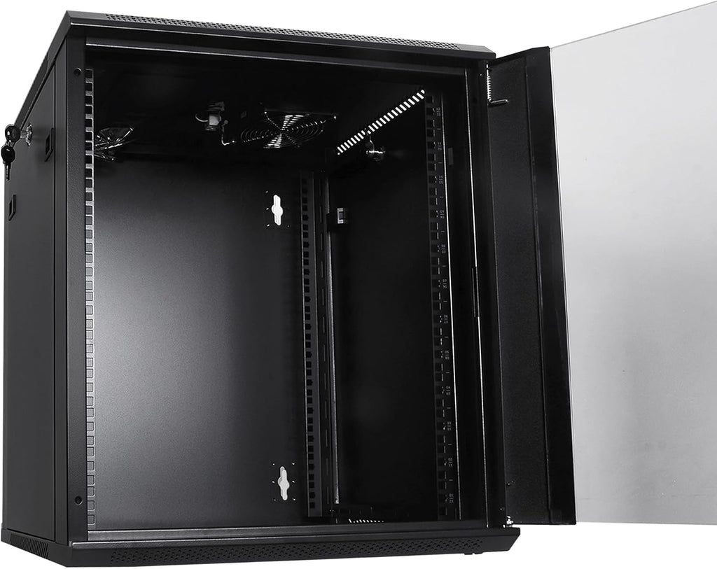 RackPath 12U Wall Mount Network Rack Cabinet – Quiet Cooling Fan, Locking Glass Door, 17.7' Deep (450mm), Removable Locking Side Panels, Fits 19' IT & A/V Equipment