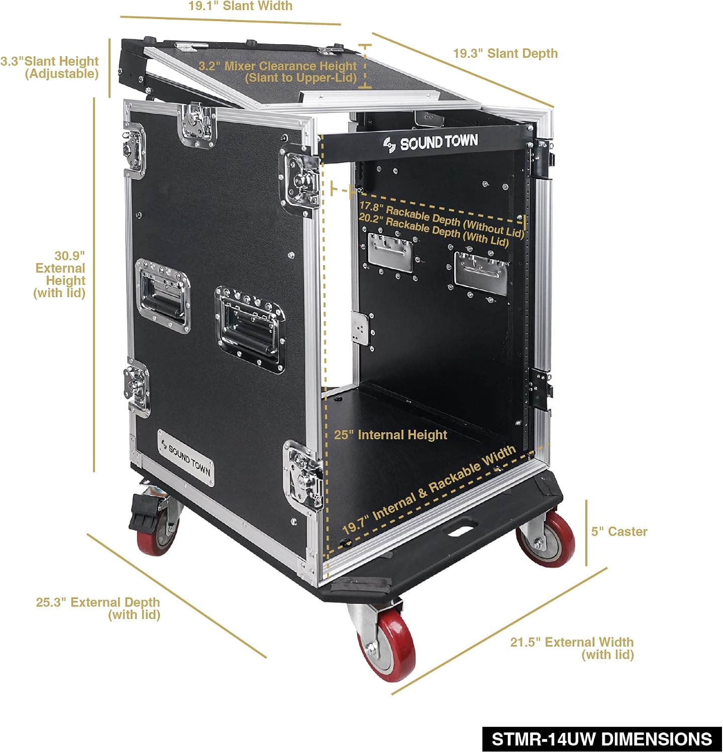 Sound Town Heavy-Duty 1/2' (12mm) 14U PA DJ Rack/Road Case with 11U Slant Mixer Top, 20'' Rackable Depth and Casters, 14-Space ATA Case, Pro Tour Grade (STMR-14UW)