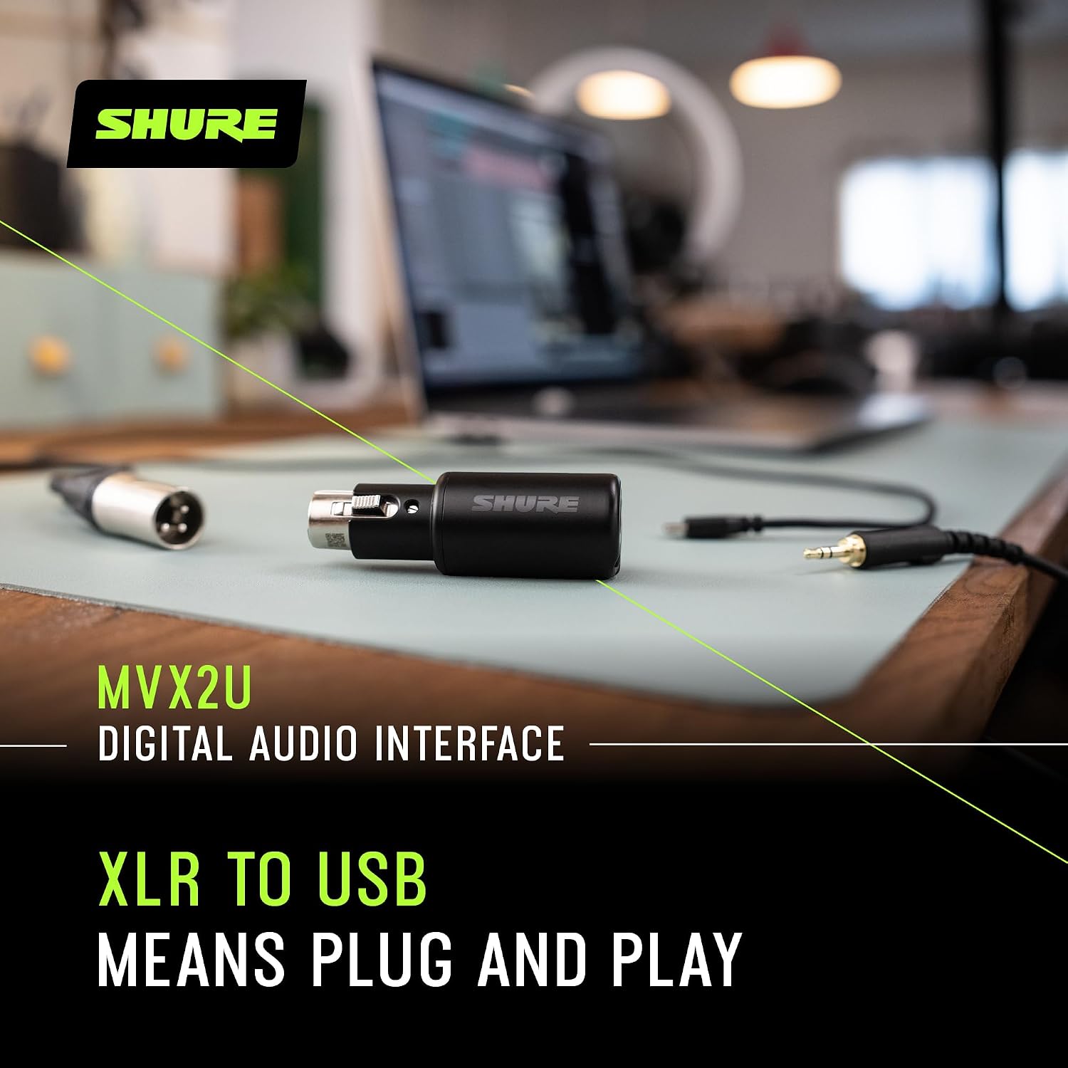 Shure MVX2U XLR-to-USB Digital Audio Interface, Headphone Jack, 60dB Gain, Zero-Latency Monitoring, 48V Phantom Power, ShurePlus App, USB-C Cable