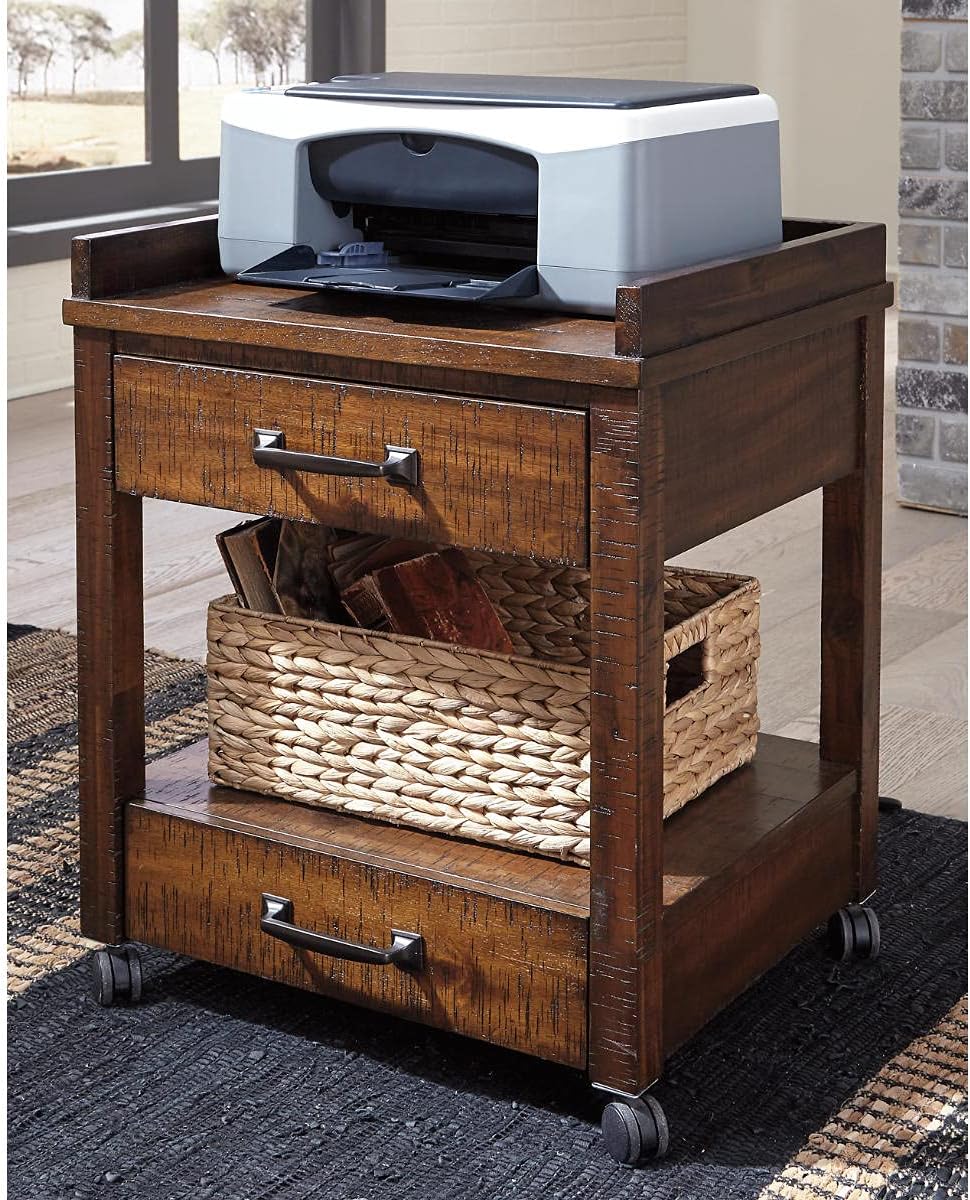 Signature Design by Ashley Baldridge Office Printer Stand, Storage, Electrical Outlets, USB Charing Ports, Wood, 21' W x 18' D x 24.63' H, Brown