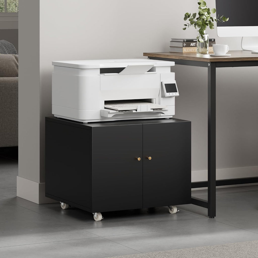 Warmiehomy Printer Stand, 24''W x 24''D x18''H Metal Printer Cabinet with Storage, Mobile Printer Table with Wheels, Desk for Small Spaces with Door, Adjustable File Cabinet for Home Office (Black)