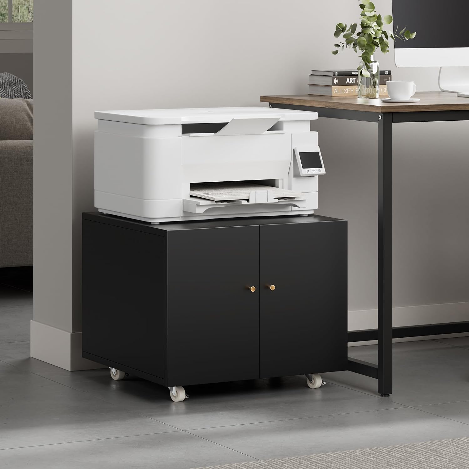 Warmiehomy Printer Stand, 24''W x 24''D x18''H Metal Printer Cabinet with Storage, Mobile Printer Table with Wheels, Desk for Small Spaces with Door, Adjustable File Cabinet for Home Office (Black)