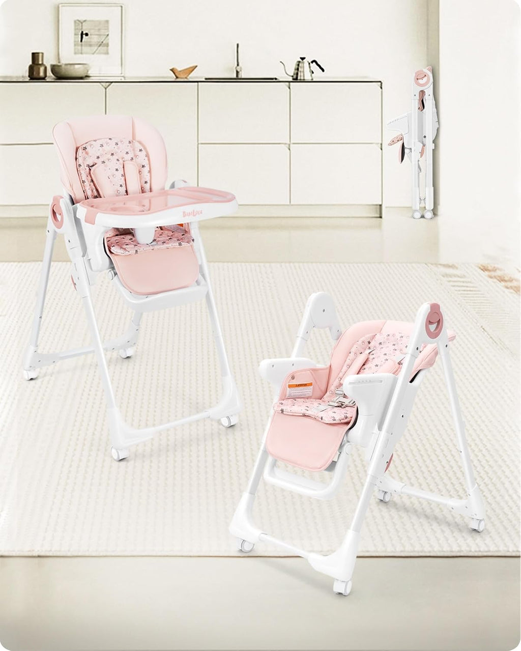 Babilous Foldable High Chair with Soft Cushion, High Chairs for Babies and Toddlers, Height Adjustable Feeding Chair, Adjustable Backrest and Footrest, Lockable Wheels, Star Pink