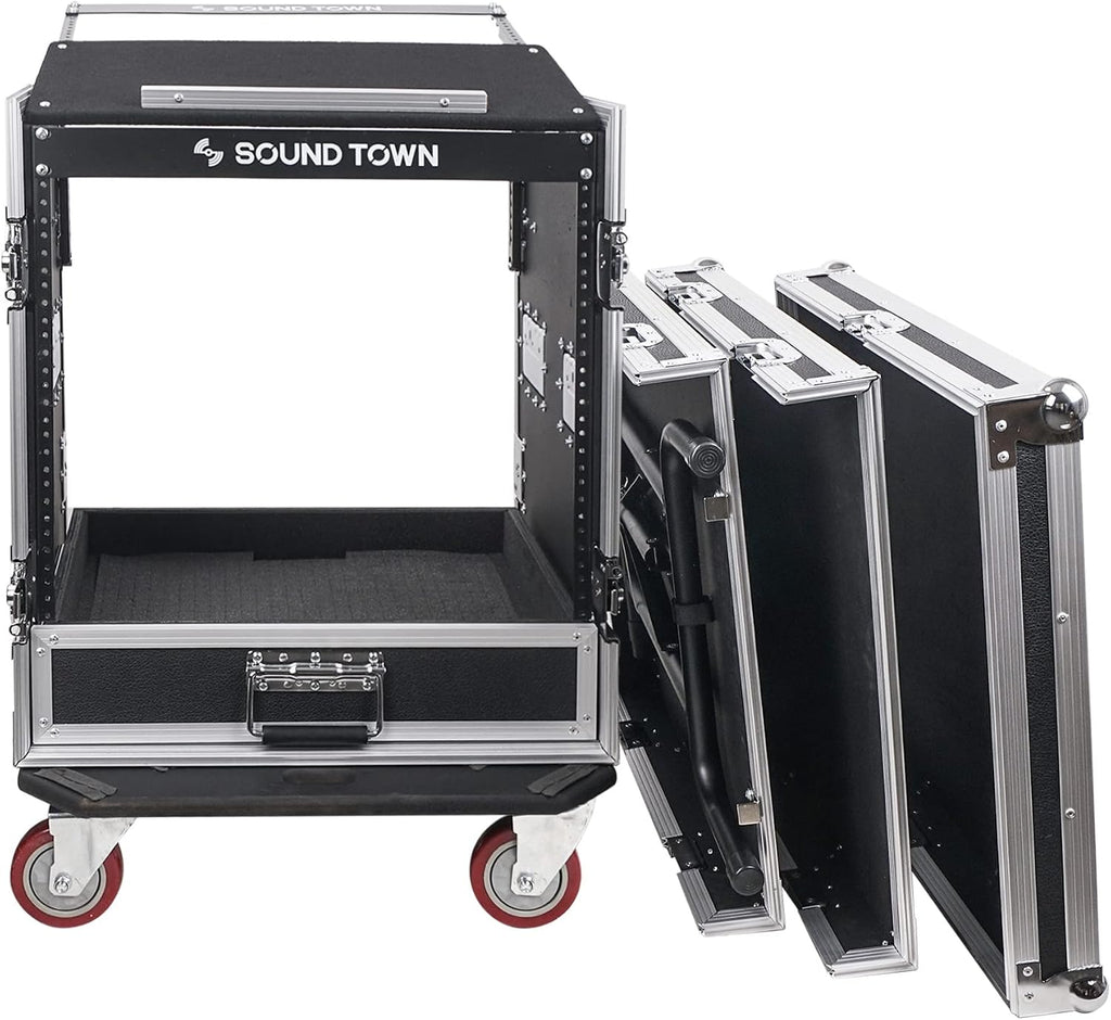 Sound Town 12U PA DJ Pro Audio Rack/Road ATA Case with 2U Drawer, 11U Slant Mixer Top, DJ Work Table, Casters, Pro Tour Grade (MR-DR12UT)