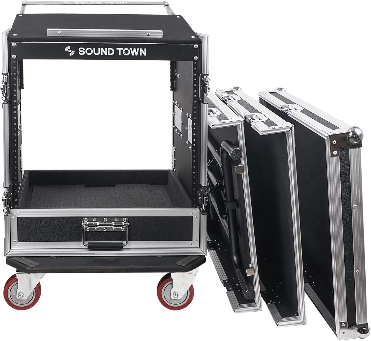 Sound Town 12U PA DJ Pro Audio Rack/Road ATA Case with 2U Drawer, 11U Slant Mixer Top, DJ Work Table, Casters, Pro Tour Grade (MR-DR12UT)