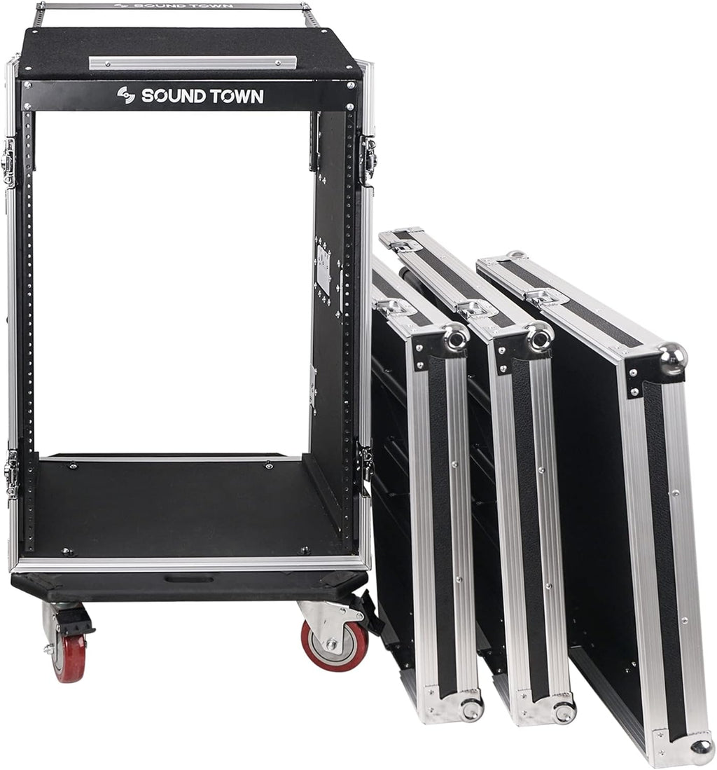 Sound Town Heavy-Duty 1/2' (12mm) Plywood 16U PA DJ Rack/Road ATA Case with 11U Slant Mixer Top, 20' Rackable Depth, 2 DJ Work Tables and Casters, Pro Tour Grade (STMR-16UWT2)