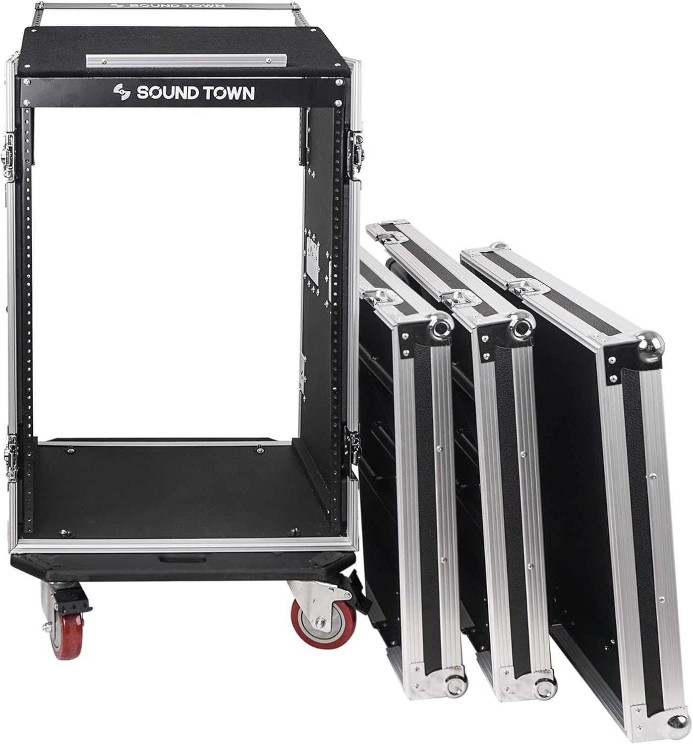 Sound Town Heavy-Duty 1/2' (12mm) Plywood 16U PA DJ Rack/Road ATA Case with 11U Slant Mixer Top, 20' Rackable Depth, 2 DJ Work Tables and Casters, Pro Tour Grade (STMR-16UWT2)
