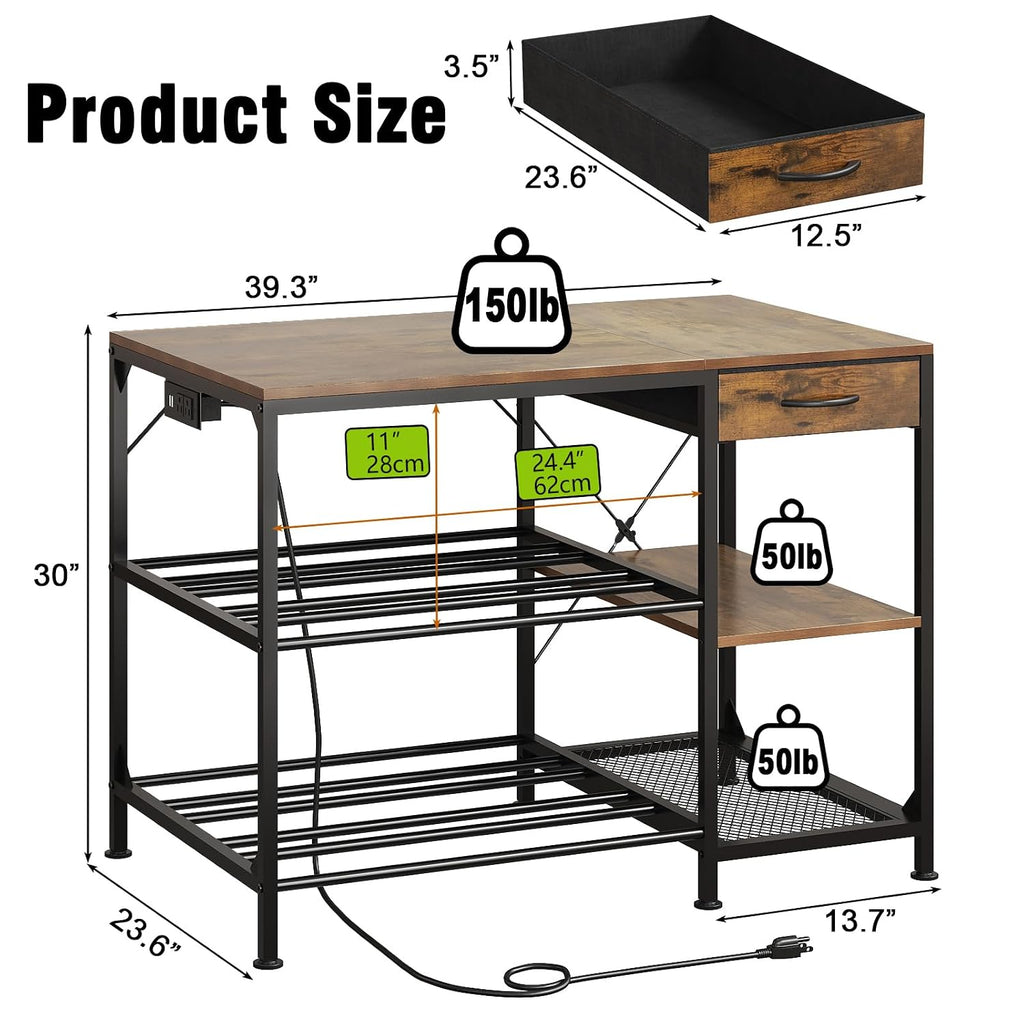 3D Printer Table with Filament Storage, 3-Tier 3D Printer Stand with Power Outlet & Drawer, Heavy Duty 3D Printer Rack for Workshop Studio Office (Brown)