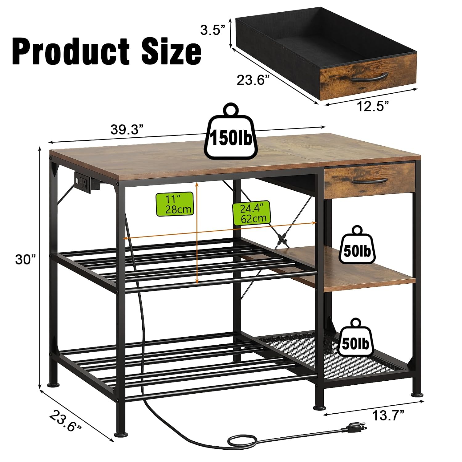 3D Printer Table with Filament Storage, 3-Tier 3D Printer Stand with Power Outlet & Drawer, Heavy Duty 3D Printer Rack for Workshop Studio Office (Brown)
