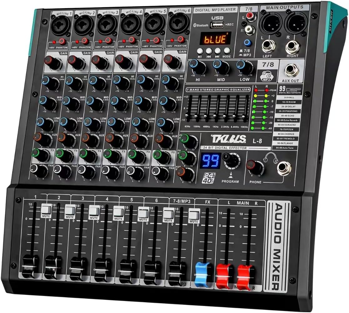 8 Channel Streaming Audio Mixer, Sound Board Mixing Console with USB Interface, 99 DSP Effects, 48V Phantom Power, XLR Inputs for Recording, Content Creation