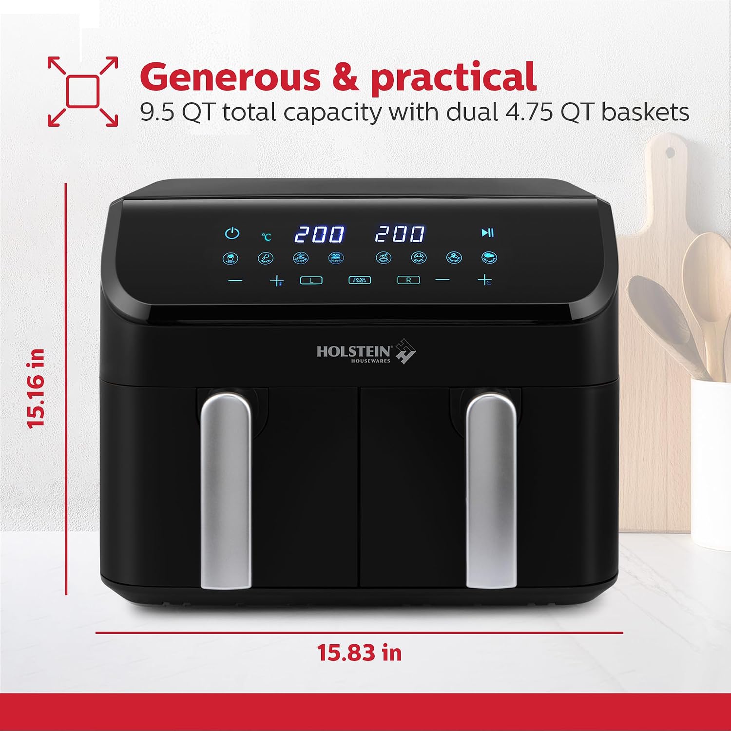 Holstein Housewares 9.5 QT Dual Basket Digital Air Fryer, Independent Controls - Non-Stick, Healthy Cooking with Less Oil, 8 Presets, Fry, Roast, Bake & Grill, LED Display & Dishwasher-Safe Parts