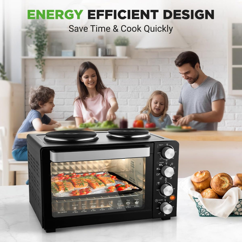 Nutrichef 2-in-1 Convection Oven & Cooker - 30 Quart, 1500W Multi-Function Kitchen Oven with Dual Hot Plates, 7 Cooking Modes Including Rotisserie, Broil, Bake - 19.6 x 16.0 x 13.5 Inches